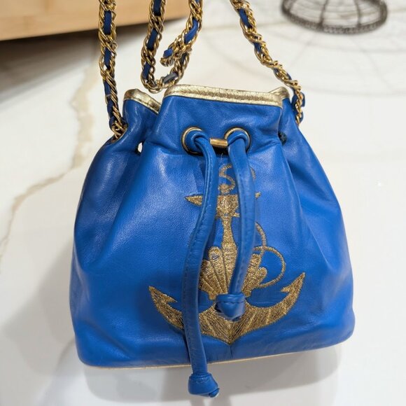 Vtg L.J. Simone New York Blue Leather Mini Drawstring Bucket Bag Crossbody Bag - Picture 1 of 16